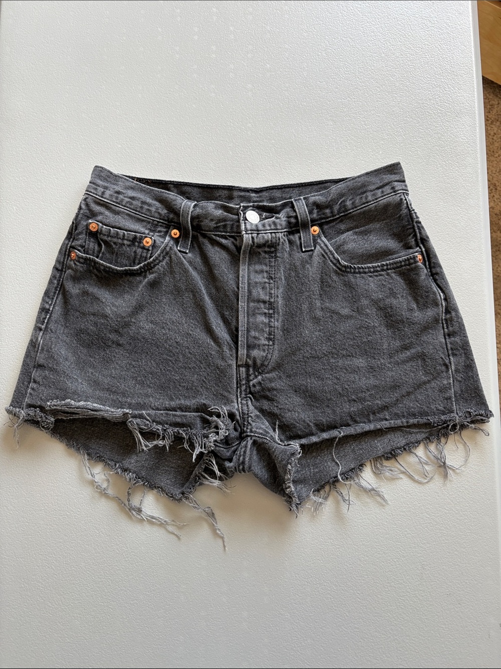 Levi’s 501 Jean shorts button fly 100% cotton, distressed size 29